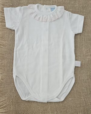 Body manga corta con cuello tira bordada rosa Laranghina
