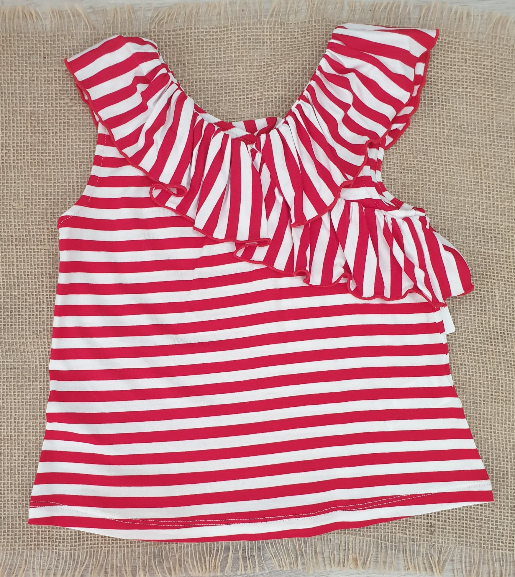 Camiseta niña rayas roja volante R240510 - Tienda moda infantil online