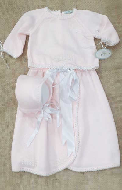 Conjunto faldón, jersey y capota punto rosa bebé