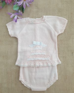 Conjunto punto 100% algodón rosa y blanco para bebé
