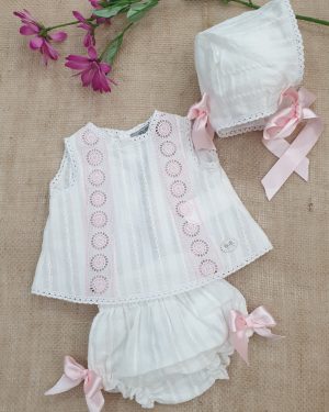 Conjunto chambrita para bebé primera puesta blanco rosa