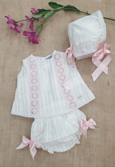 Conjunto chambrita para bebé primera puesta blanco rosa