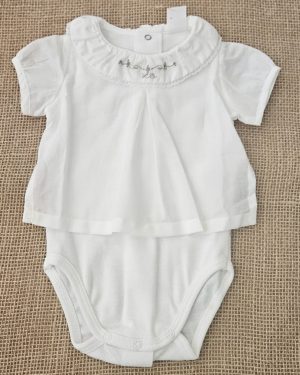 Body para bebé exterior algodón tejido blusa con cuello volante bordado.