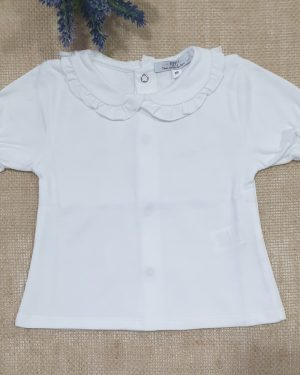 Camiseta algodón niña manga farol cuello bebé volante blanca.