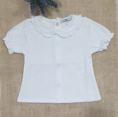Camiseta algodón niña manga farol cuello bebé volante blanca.