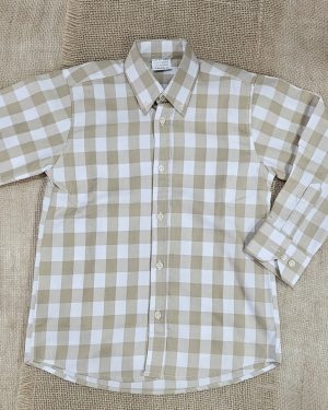 Camisa niño cuello recto botones manga larga vichy camel