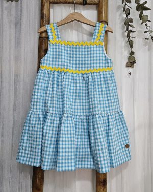 Vestido para niña estampado vichy turquesa piquillo amarillo. José varón