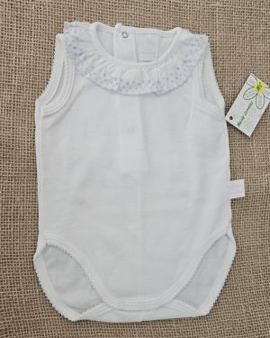 Body para bebé sin mangas cuello volante bordado azul claro