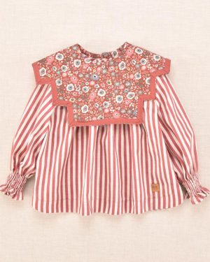 Blusa niña colección fresas José Varón, rayas burdeos cuello desmontable. Invierno 2025
