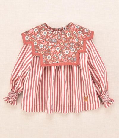 Blusa niña colección fresas José Varón, rayas burdeos cuello desmontable. Invierno 2025
