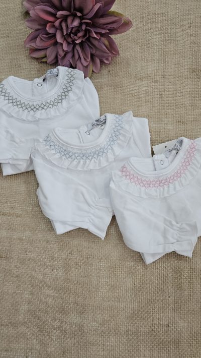 body para bebé algodon blanco cuello punto smock rosa, verde, azul