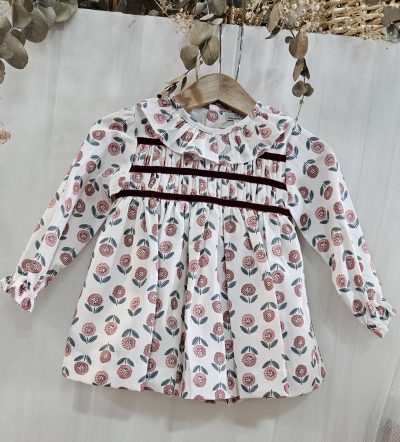 Jesusito para niña dos piezas estampado tonos burdeos. Popys