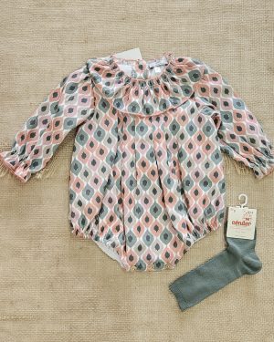 Pelele para bebé estampado étnico coral verde Popys.