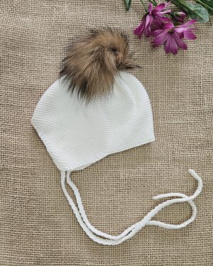 Gorro aviador punto pompón pelo natural P130487 Crudo