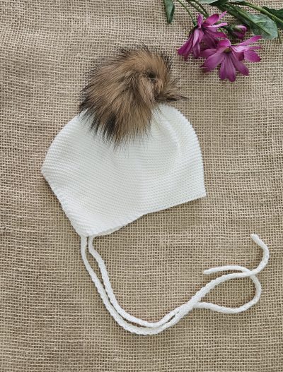 Gorro aviador punto pompón pelo natural P130487 Crudo