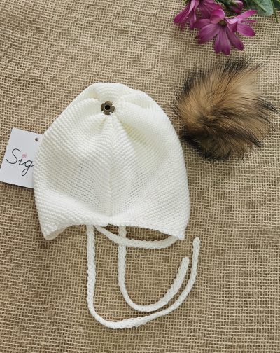 Gorro aviador punto pompón pelo natural P130487 Crudo - Imagen 2