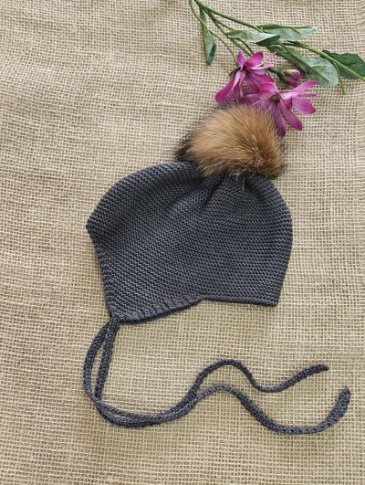 Gorro aviador punto pompón pelo natural P130487 Marengo