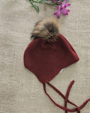 Gorro aviador punto pompón pelo natural P130487 Burdeos