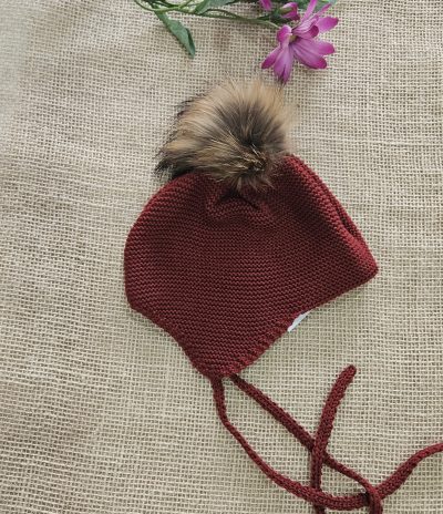 Gorro aviador punto pompón pelo natural P130487 Burdeos