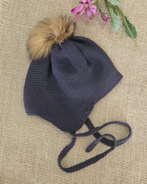 Gorro aviador punto pompón pelo natural P130487 Carbón