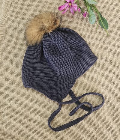 Gorro aviador punto pompón pelo natural P130487 Carbón