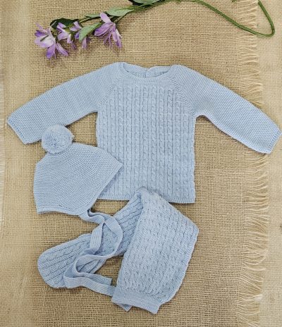 conjunto punto para bebé color nube, azulón polaina gorro. Mac Ilusión