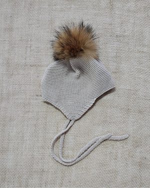 Gorro aviador punto pompón pelo natural P130487 Beig
