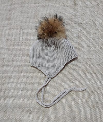 Gorro aviador punto pompón pelo natural P130487 Beig