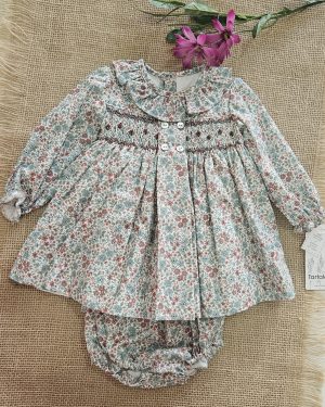 Jesusito para niña dos piezas liberty tonos verde y teja. Punto smock- Tartaleta