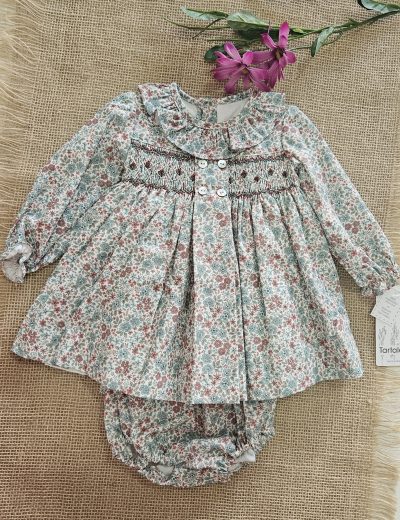 Jesusito para niña dos piezas liberty tonos verde y teja. Punto smock- Tartaleta