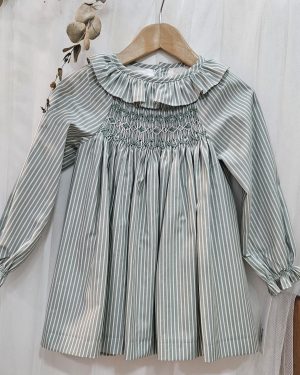 Vestido para niña punto smock Tartaleta rayas verde.