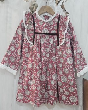 Vestido para niña estampado burdeos y gris cintas terciopelo. Popys