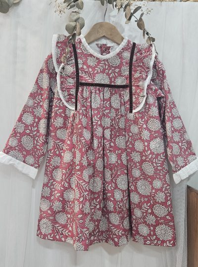 Vestido para niña estampado burdeos y gris cintas terciopelo. Popys
