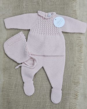 Conjunto punto para bebé polaina, jersey y capota ochos rosa Artinsa