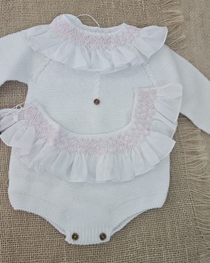 Cuello punto smock blanco rosa para bebé Artinsa