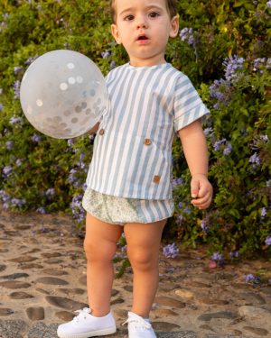 Conjunto para niño dos piezas, bombachos bolsillos y blusa rayas José Varón