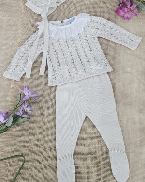 A Conjunto bebé punto verano polaina R091374 Natural