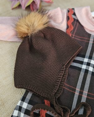 Gorro aviador punto pompón pelo natural P130487 Marrón