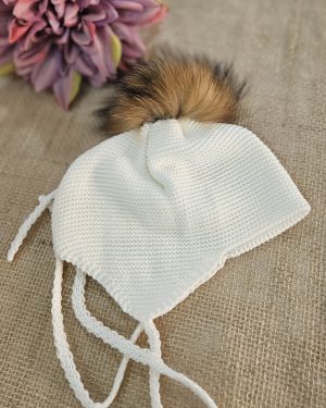 Gorro aviador punto pompón pelo natural P130487 Crudo