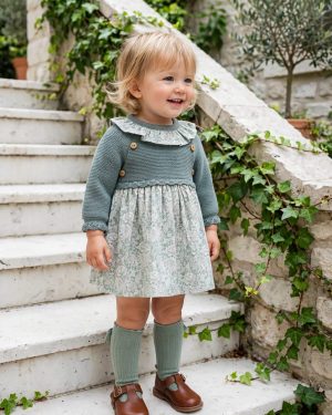 A Vestido niña punto / tela flores R190995 verde jade