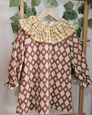 A Vestido estampado étnico cuello volante Vichy mostaza R190997